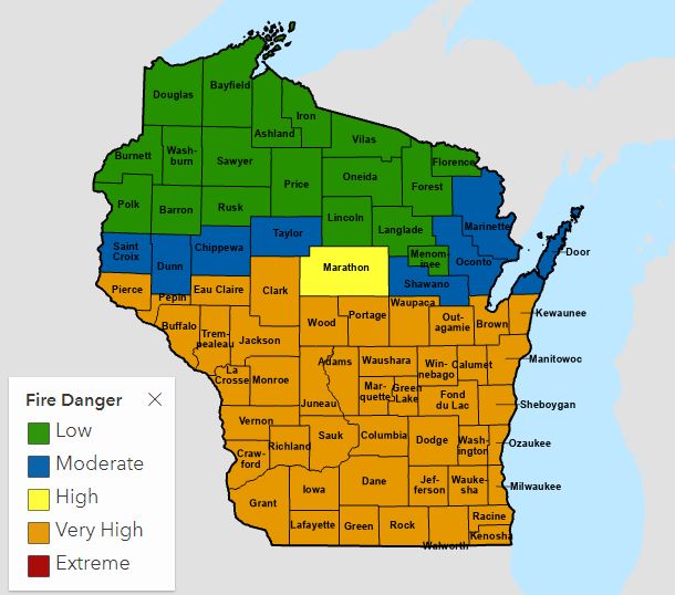 Map of Wisconsin fire danger status for April 10, 2023