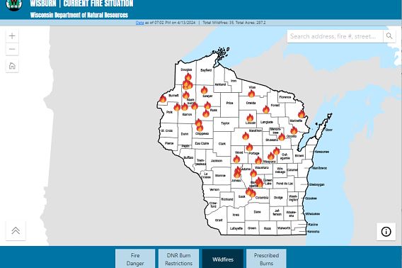 A map of Wisconsin depicting the locations of active wildfires around the state.