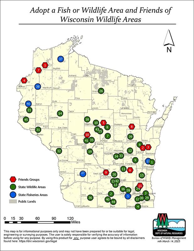 The image is a map of Wisconsin, detailing various natural areas and organizations. Different colored markers indicate locations: blue circles for State Fishery Areas, green circles for State Wildlife Areas and red hexagons for Friends Groups. Labels inside the markers number each location. The map features navigation elements such as a compass rose in the top-right corner and a scale bar in the bottom-left. A legend in the lower-left corner explains the marker colors and indicates public lands. The image title at the top reads