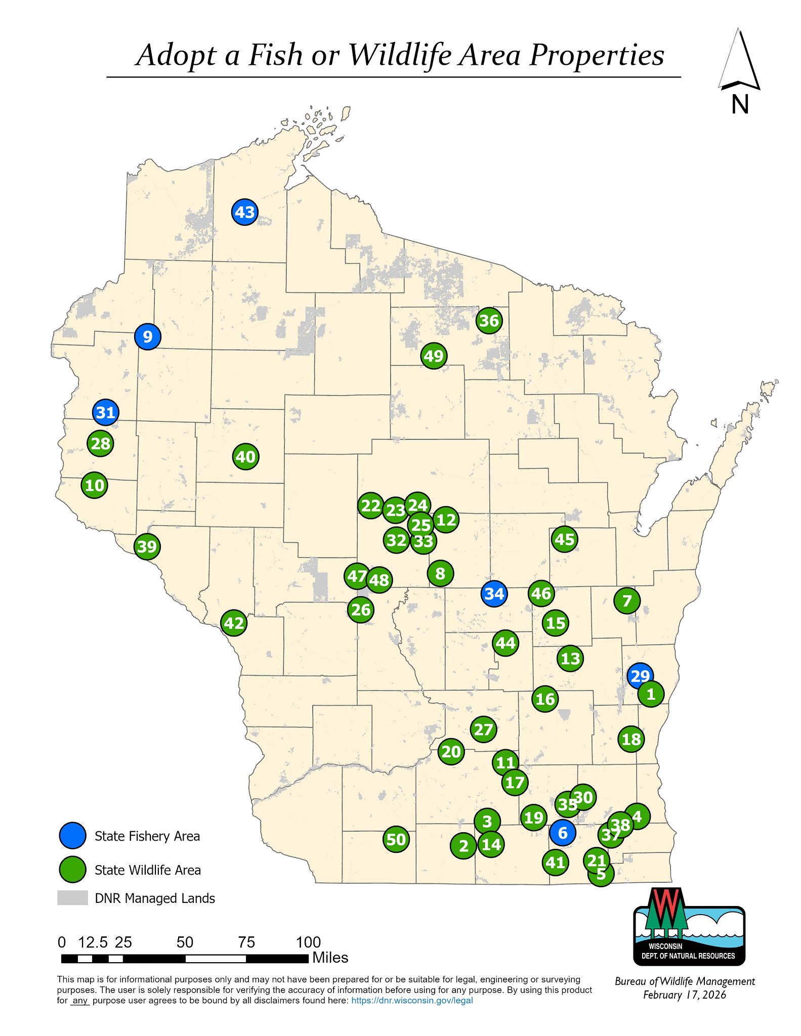 The image is a map of Wisconsin, detailing various Adopt a Fish or Wildlife Program Properties. Different colored markers indicate locations: blue circles for State Fishery Areas and green circles for State Wildlife Areas. Labels inside the markers number each location. The map features navigation elements such as a compass rose in the top-right corner and a scale bar in the bottom-left. A legend in the lower-left corner explains the marker colors and indicates public lands.