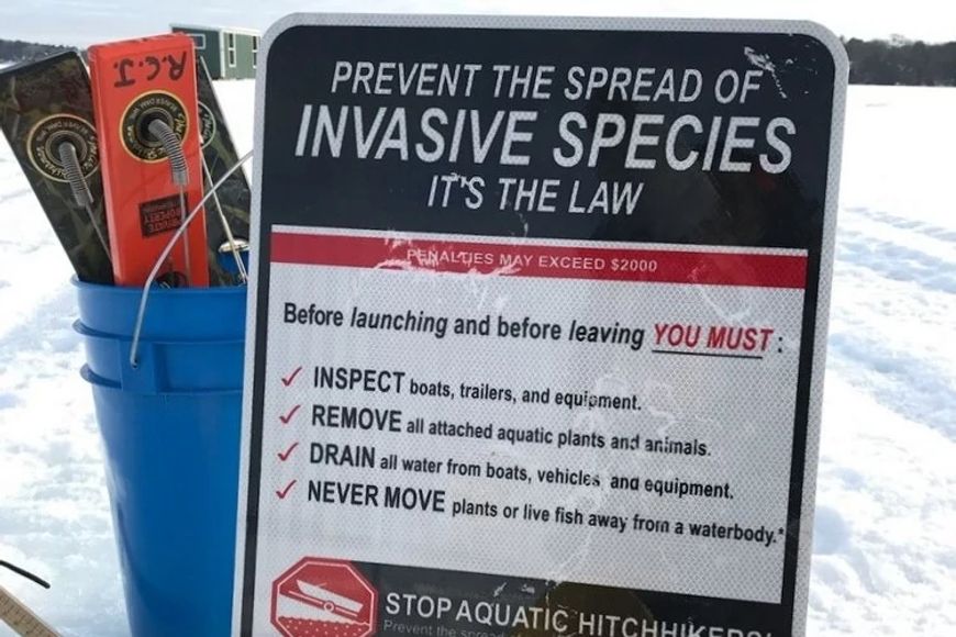 A photo of a sign on a frozen, snow-covered that says, "Prevent the spread of invasive species - it's the law." A bucket of equipment is behind the sign.