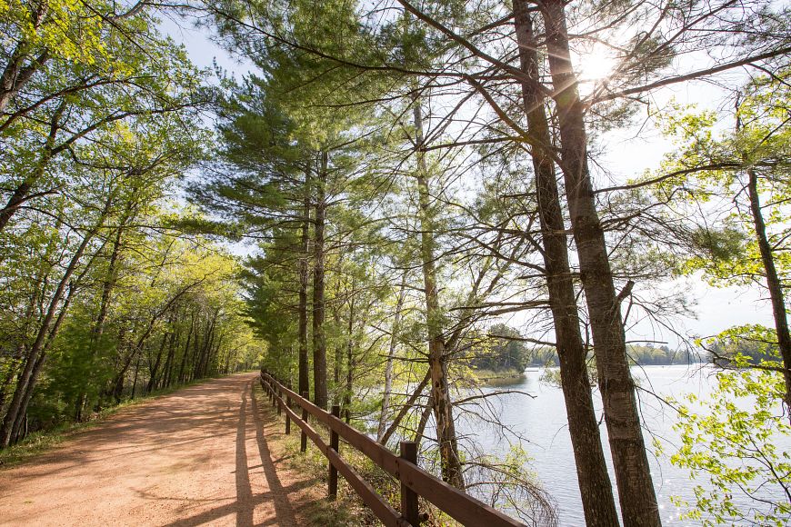 A dirt trail bordered by green trees and a fence with a view of the lake