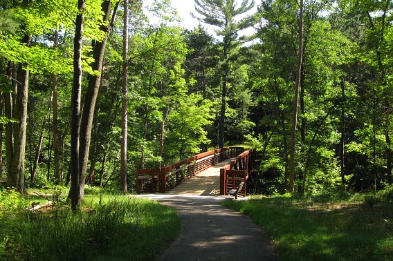 View of the Ishnala Bridge at Mirror Lake Gorge in late summer/early fall. The bridge is centered, showing green trees on the sides of the trail up to the bridge.