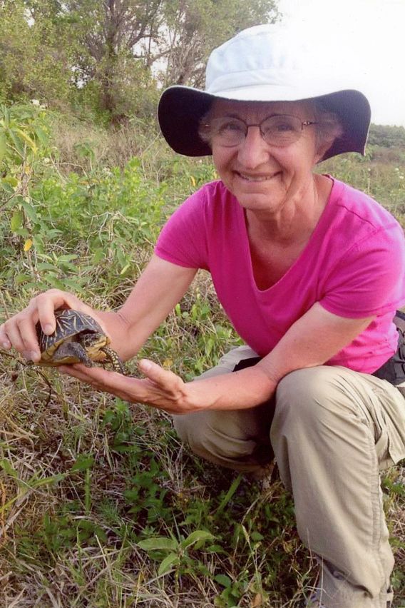 Smiling woman in pink shirt and brimmed hat holding a turtle