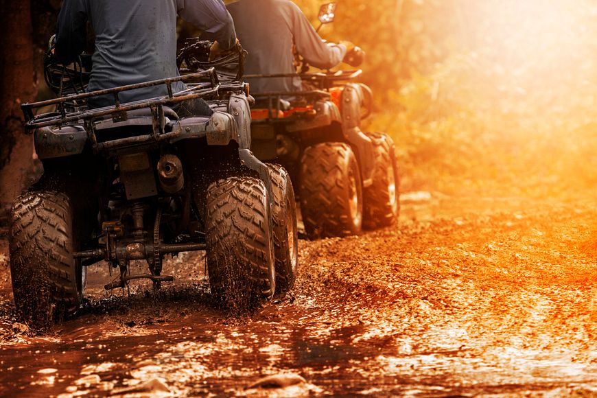Two people riding ATVs through the woods.