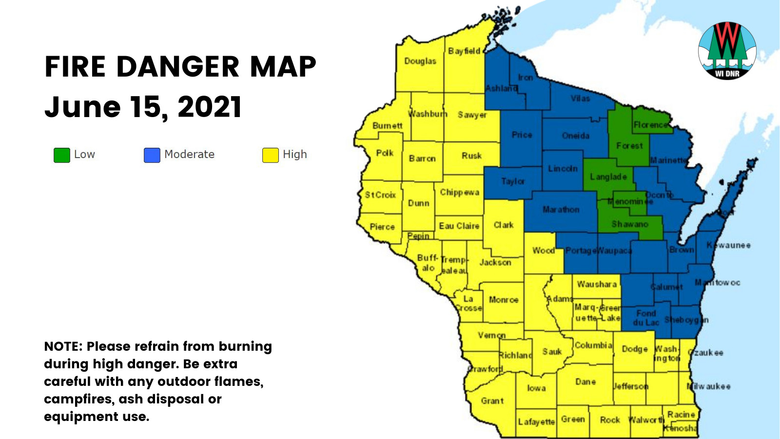 map showing high fire danger in Wisconsin