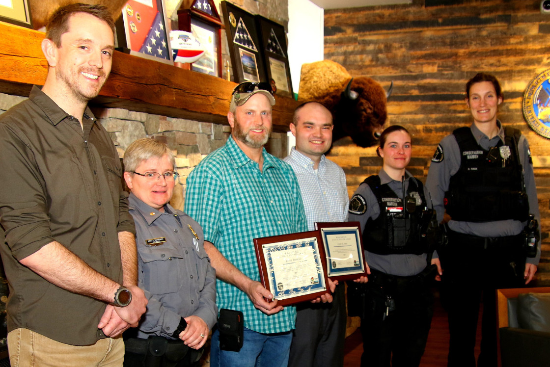 Vortex Optics sales specialist Ryan Muckenhirn, DNR Major April Dombrowski, Cody Kabus, Eliot Babino, DNR Conservation Warden Jane Voskuilen and Renee Thok.