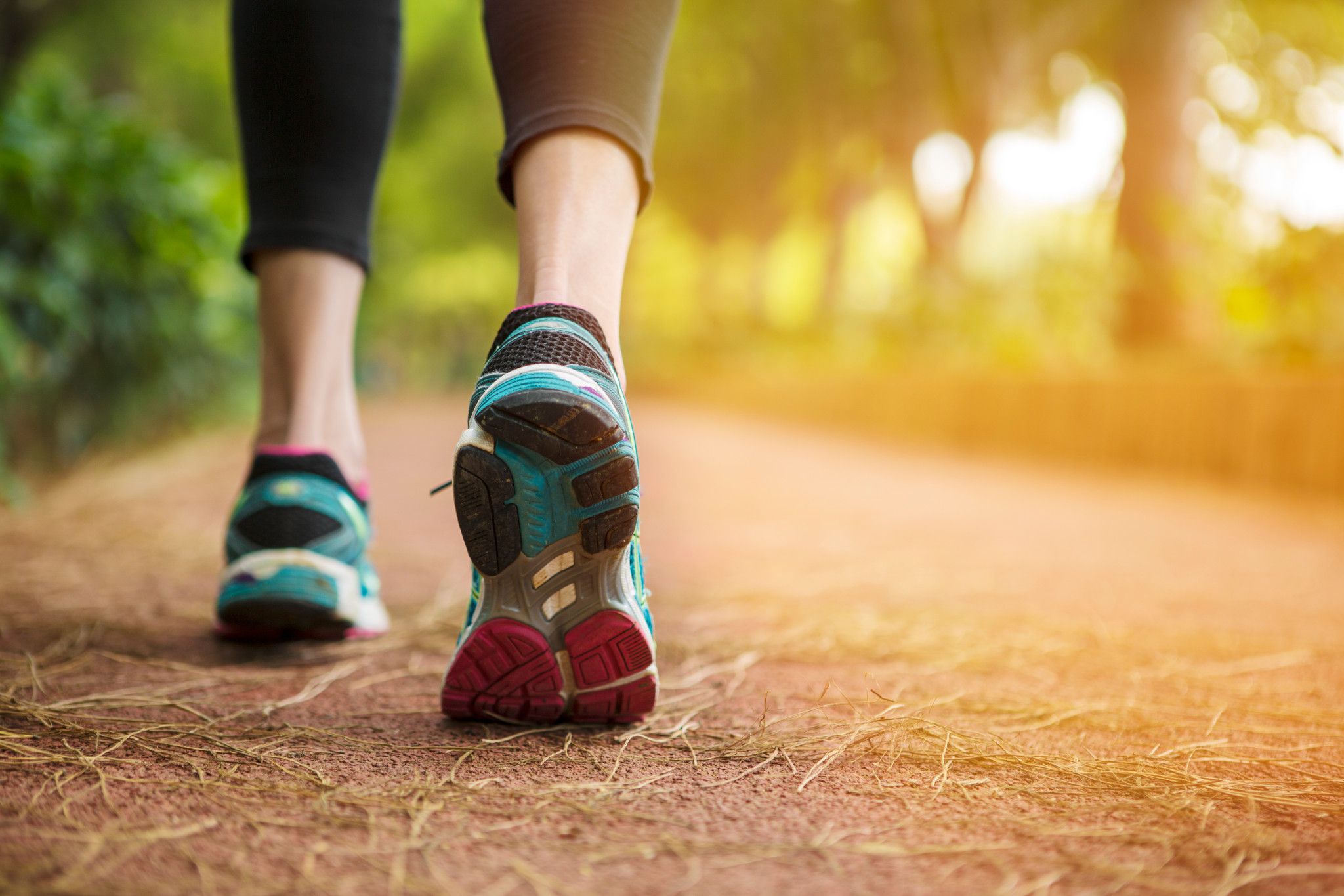 A close-up image of a person's shoes while walking on an outdoor trail.