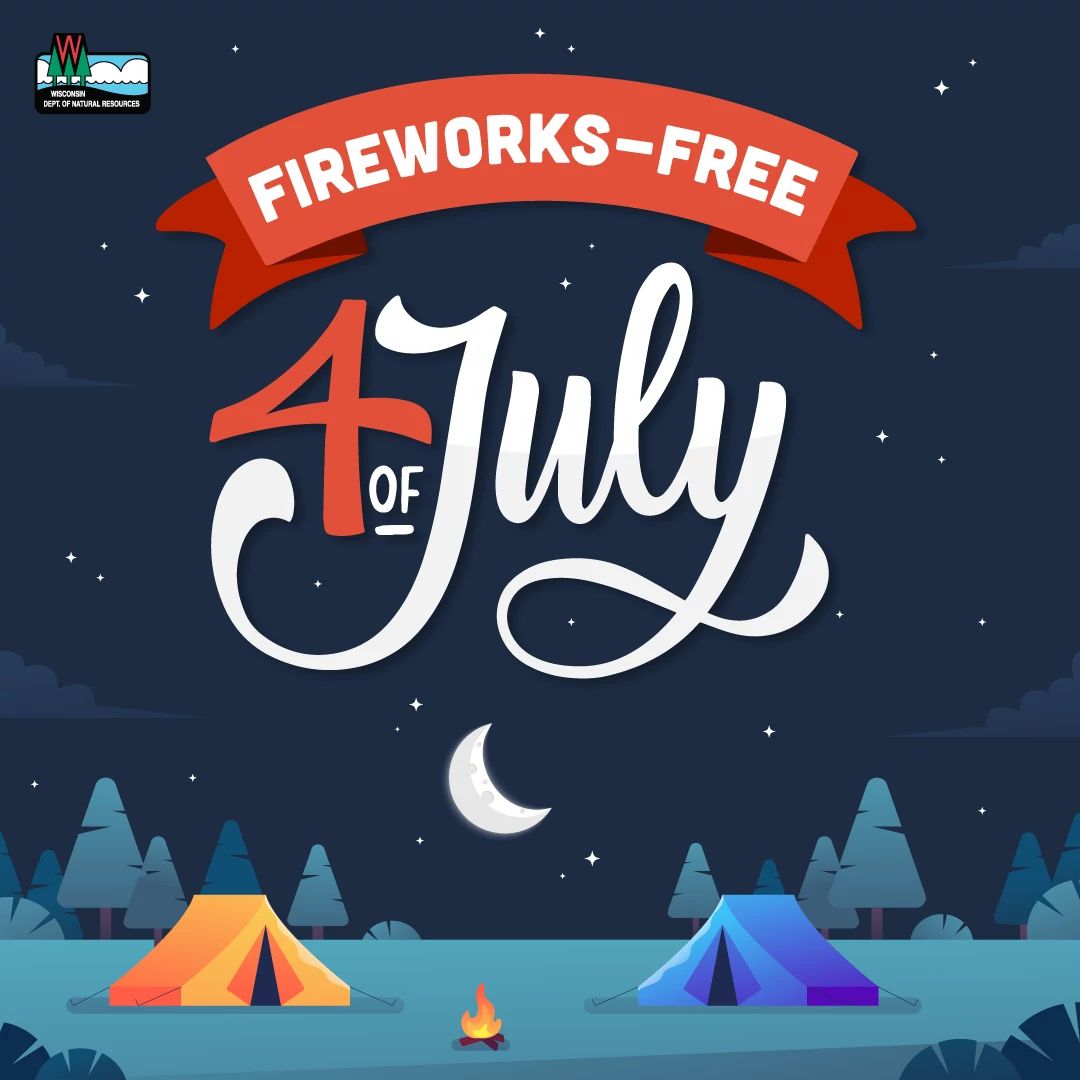 A blue graphic depicting a night sky with the words "Fireworks-Free 4 of July" across the center.