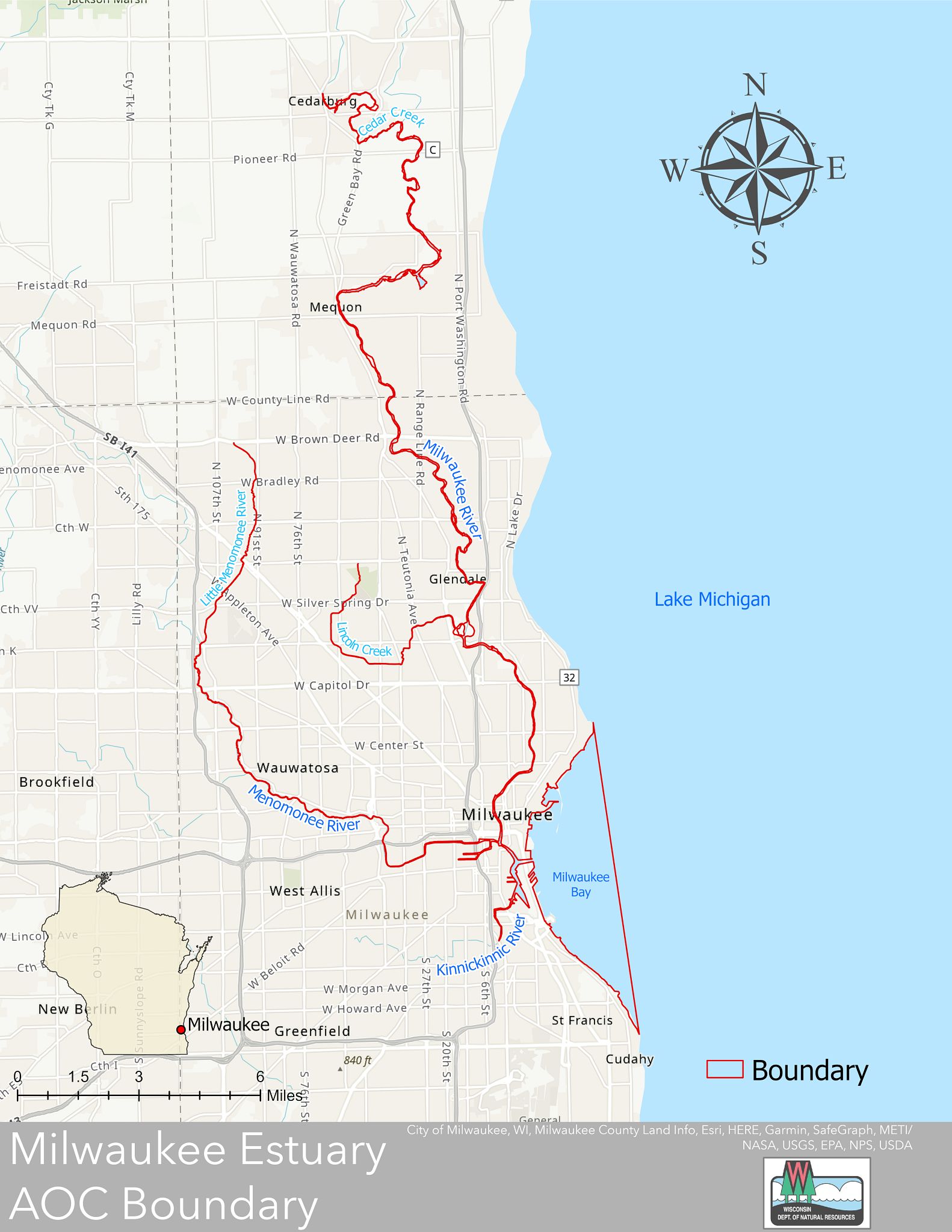 Map of the Milwaukee Estuary AOC boundary. The Milwaukee Estuary AOC boundary now extends north up the Milwaukee River into Cedarburg and west through Wauwatosa up the Little Menomonee River.