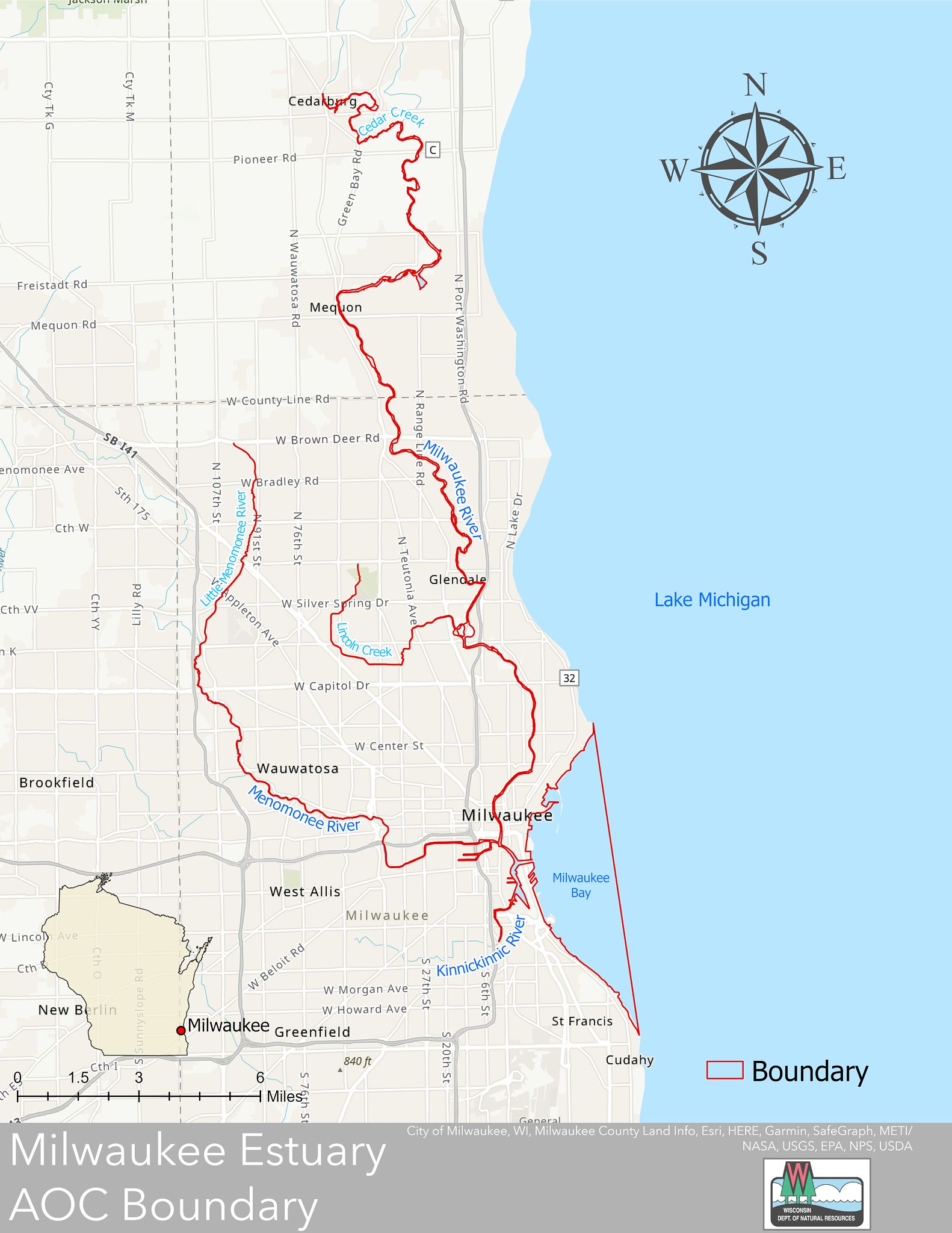 Map of the Milwaukee Estuary AOC boundary. The Milwaukee Estuary AOC boundary now extends north up the Milwaukee River into Cedarburg and west through Wauwatosa up the Little Menomonee River.