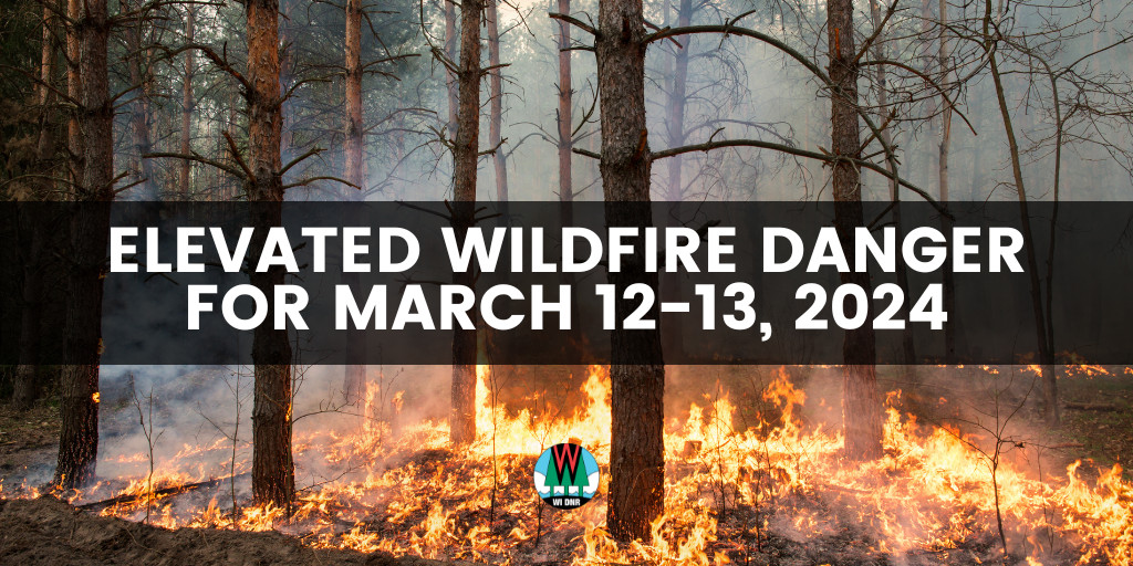 A fire burns along the base of a stand of trees, and text reading "High wildfire danger for Monday, Feb. 26, 2024" is written across the image. The DNR logo is centered at the bottom. 