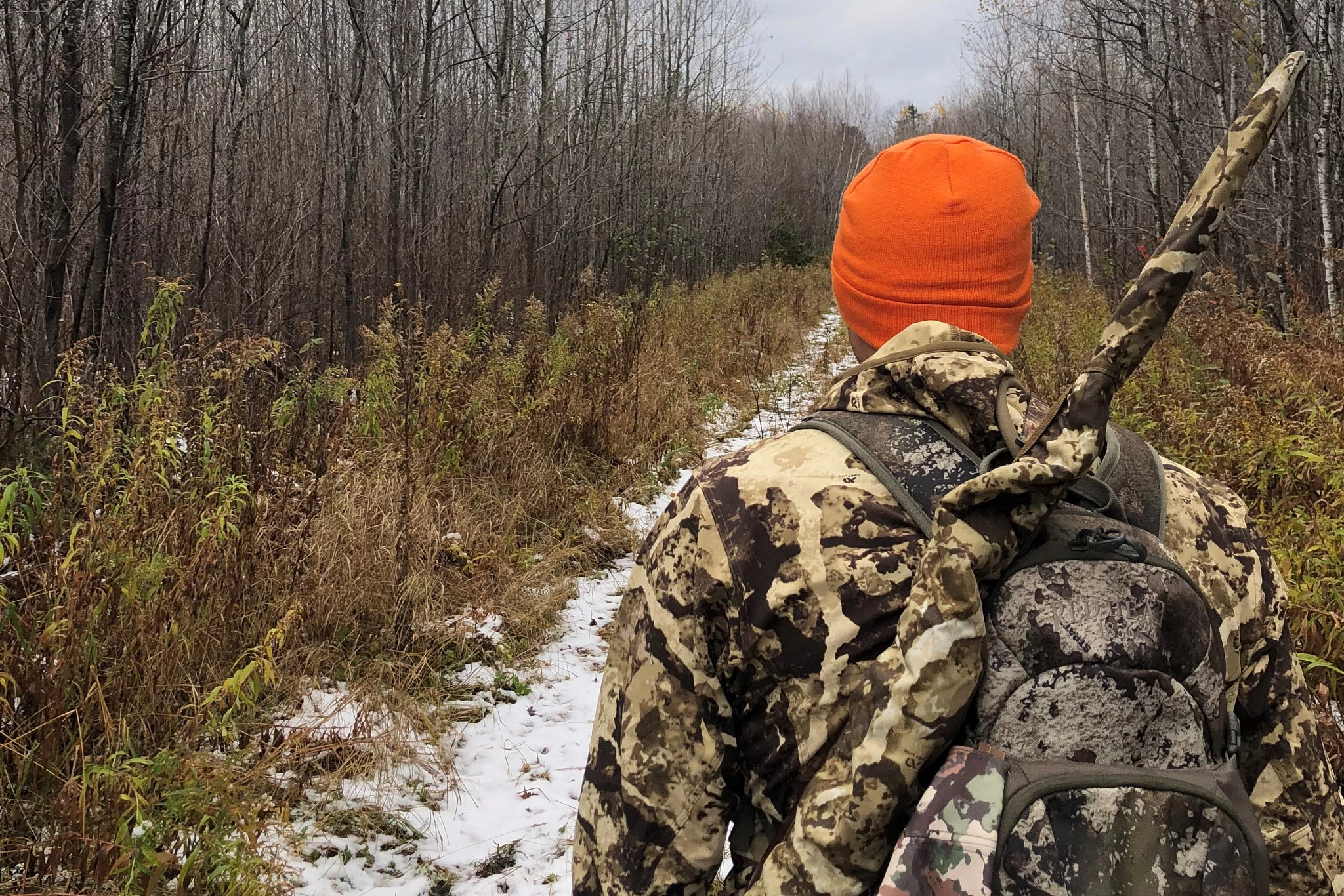 A hunter walks into a wooded path wearing a blaze orange hat. 