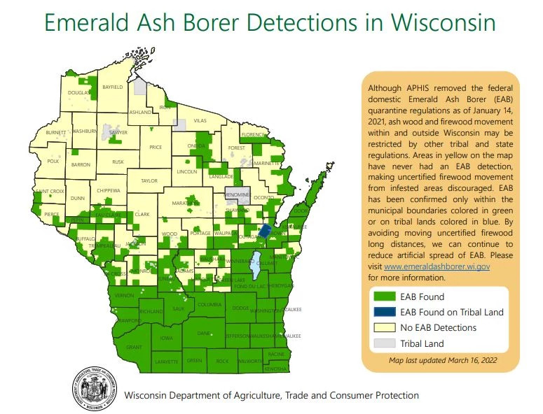 map showing emerald ash borer infestations in WI