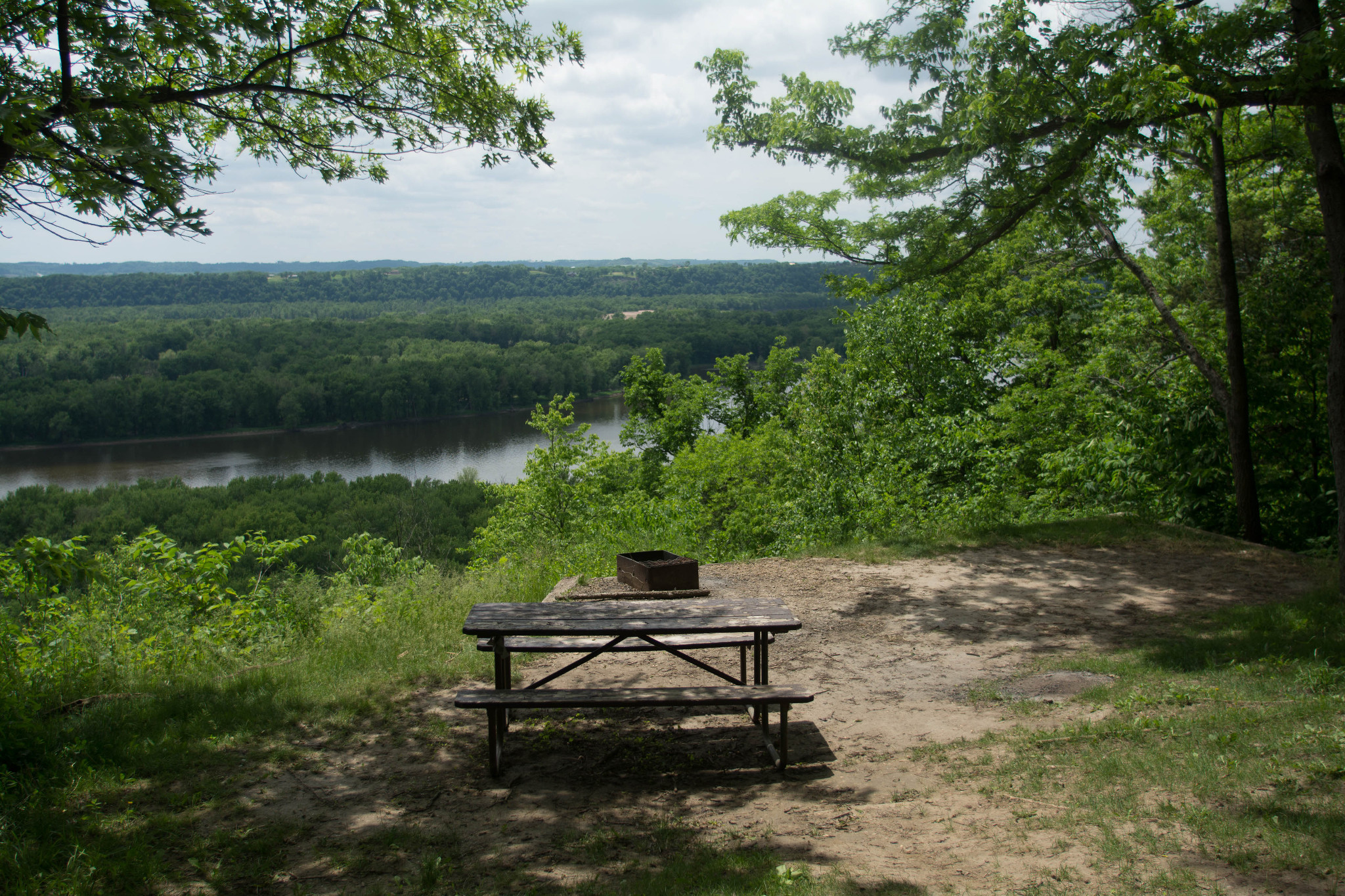 A picnic bench and fire ring sit on the bluff with a view of the Mississippi River valley in the summer.