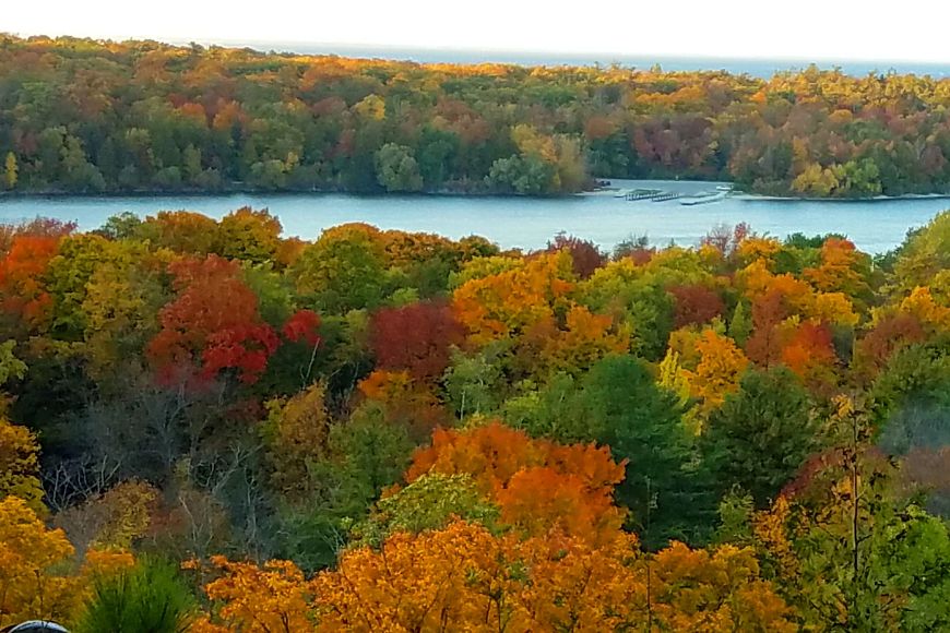 Fall colors in Door County overlooking the water in Peninsula State Park