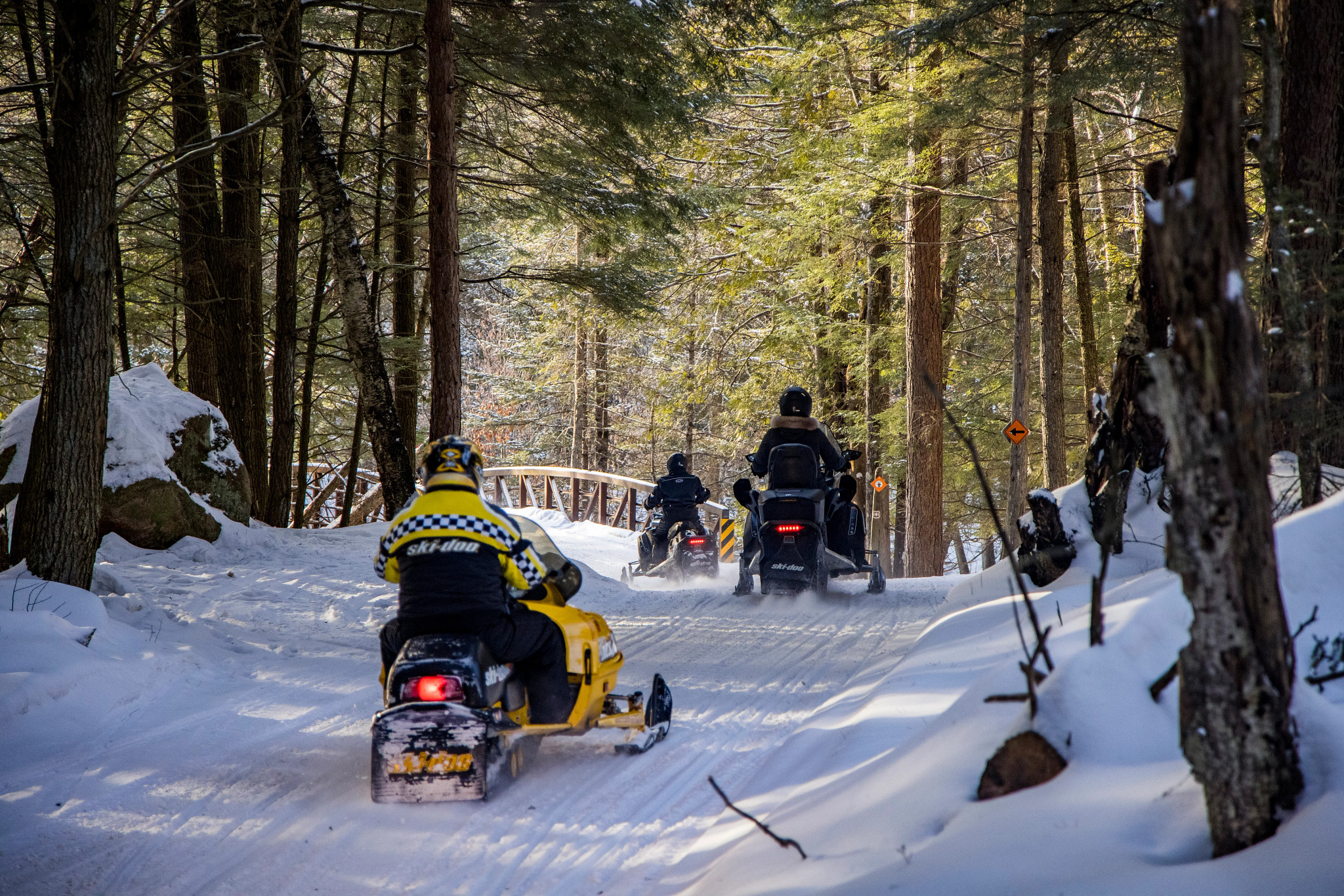 Snowmobilers ride through a forest on a snow-covered trail with a bridge in the background.