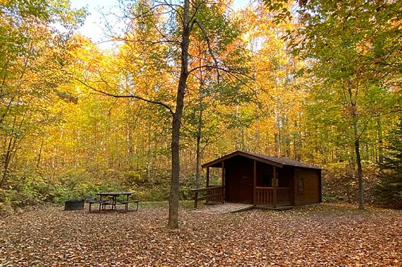 Rustic accessible cabin at Copper Falls State Park.