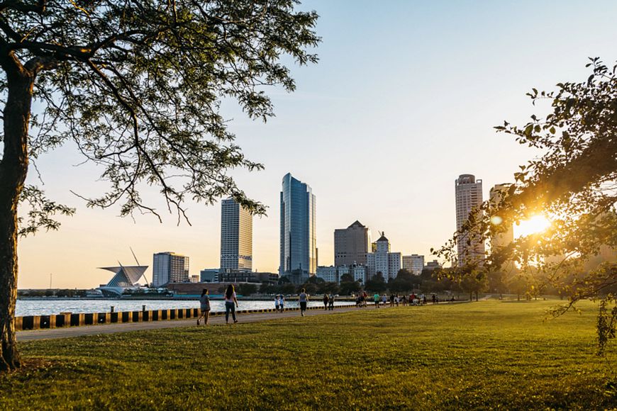 The Milwaukee skyline seen from Veterans Park on a sunny day.