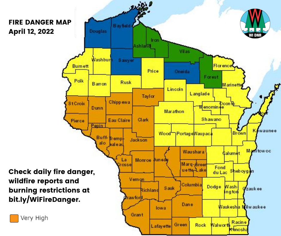 map of Wisconsin showing counties with very high fire danger April 12, 2022
