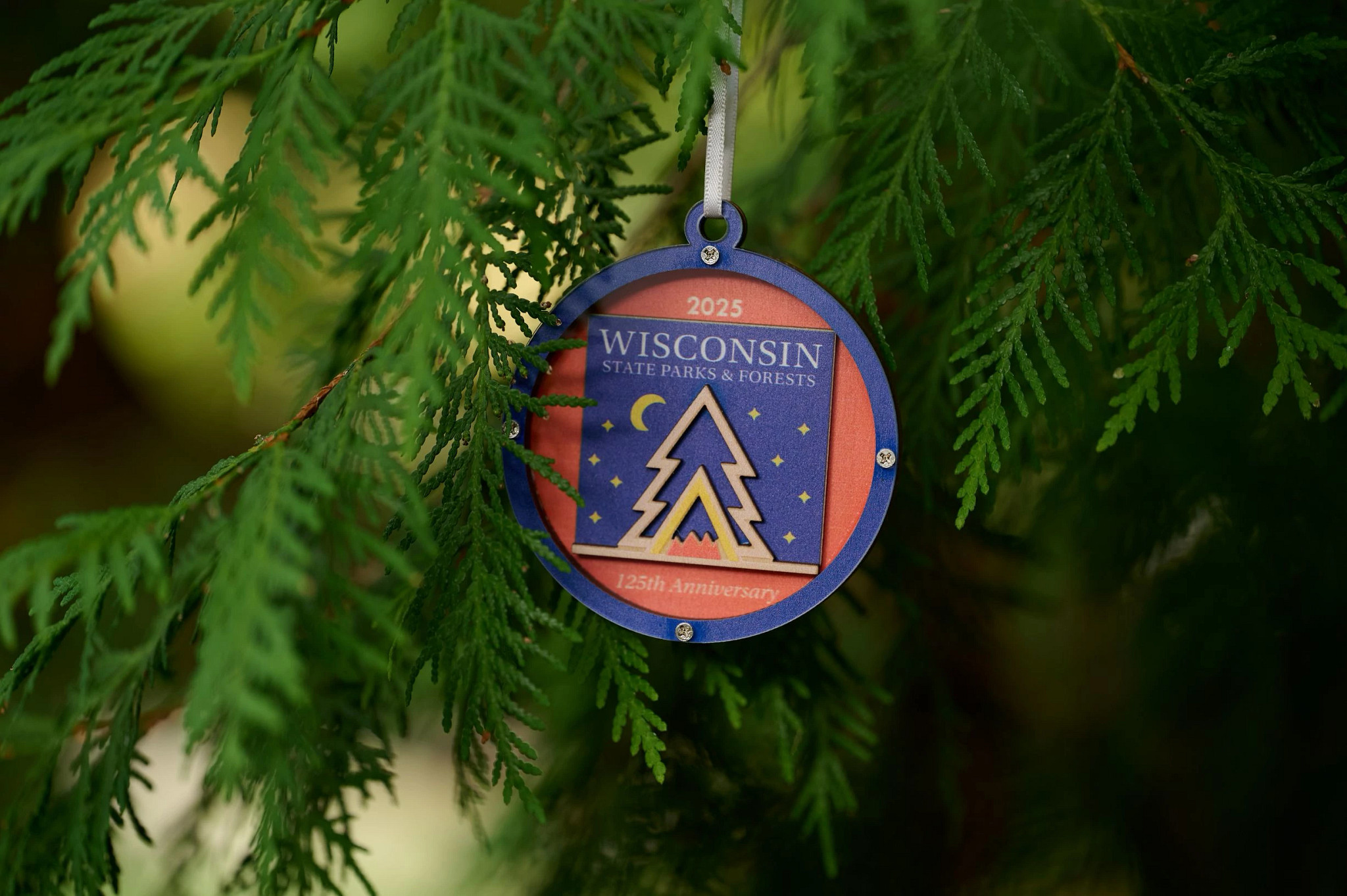 A commemorative holiday ornament celebrating the 125th Anniversary of the Wisconsin State Park System hanging from a green branch.